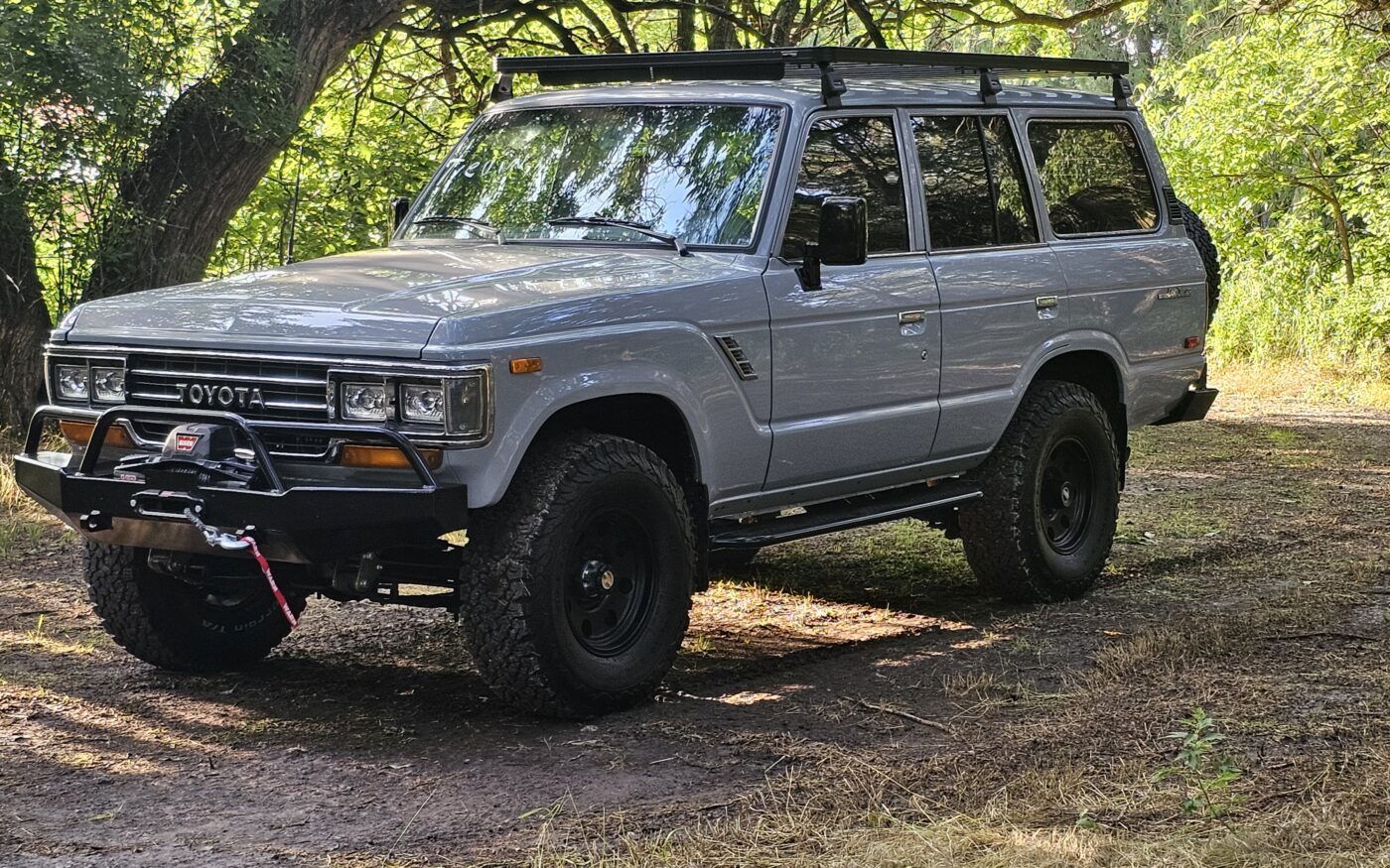 1988 Toyota FJ62 Land Cruiser LS3 restomod in gray with Front Runner roof rack