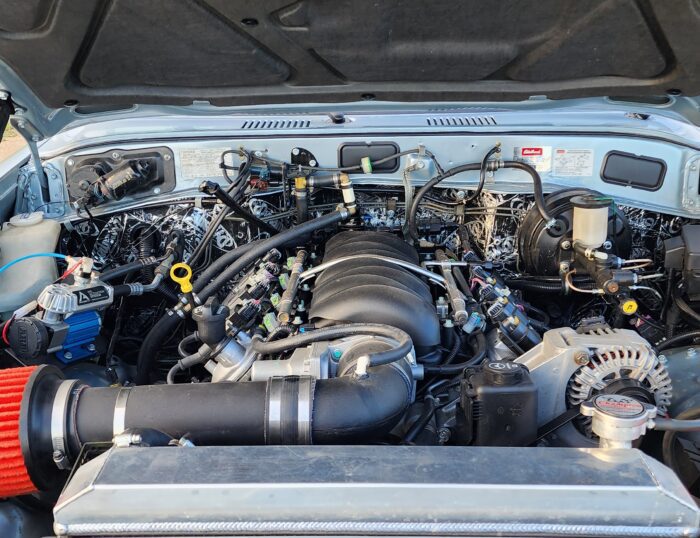 Supercharged 6.0 V8 engine bay in 1989 FJ62 Land Cruiser conversion